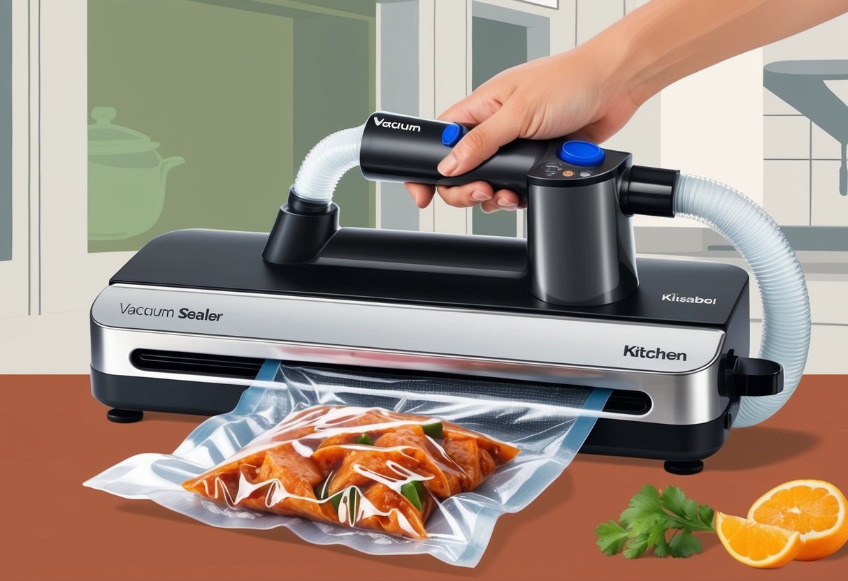 En vakuumförpackare i ett kök som förseglar en påse med mat med ett klart, plastslang kopplad.