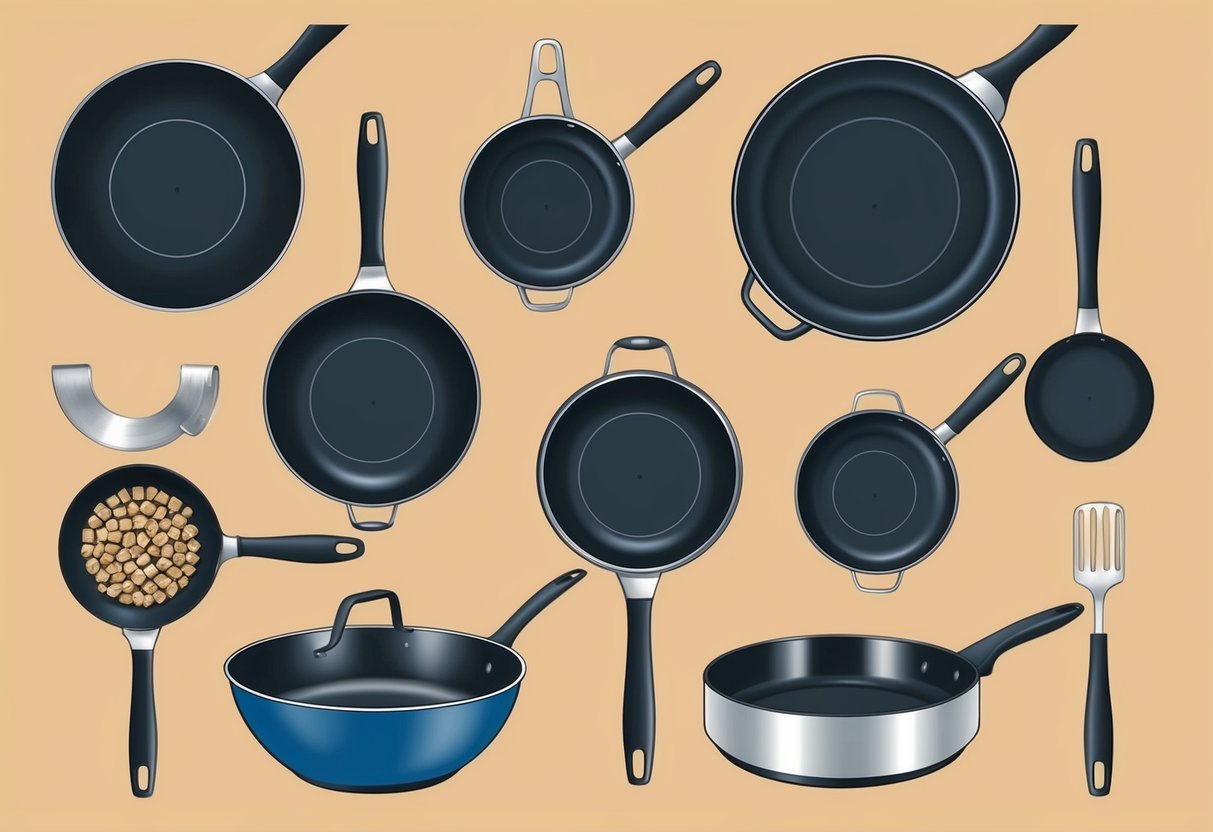 En mängd stekpannor i olika storlekar och material, var och en lämpad för specifika matlagningändamål.