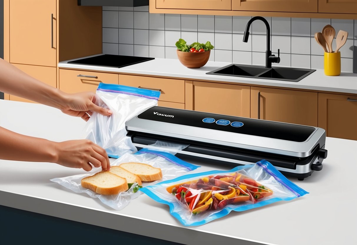 En vakuumförpackare i en köksmiljö, där livsmedel placeras i plastpåsar och förseglas med maskinen.