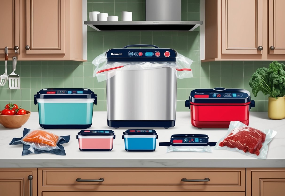 Ett urval av vakuumförpackare på en köksbänk med olika storlekar och designer