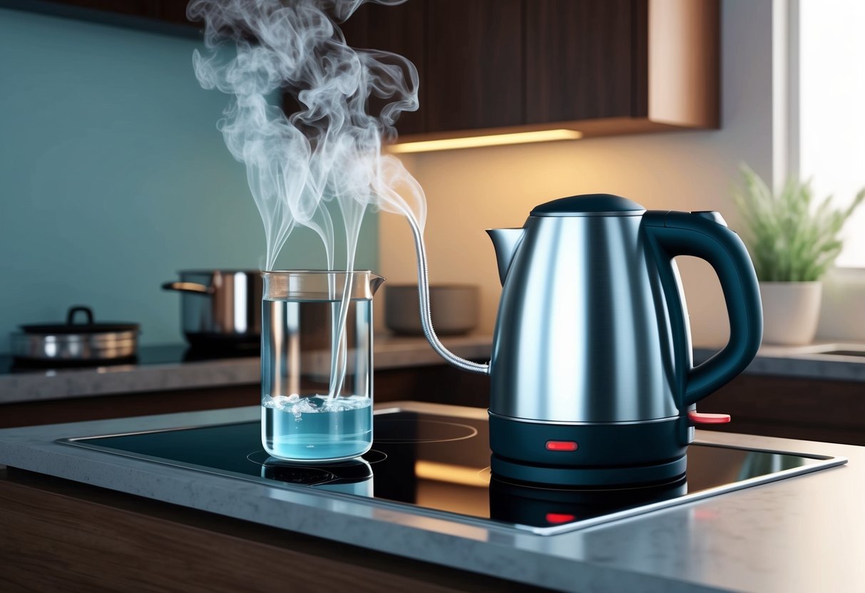 En modern elektrisk vattenkokare som kokar vatten på en spis, avger ånga