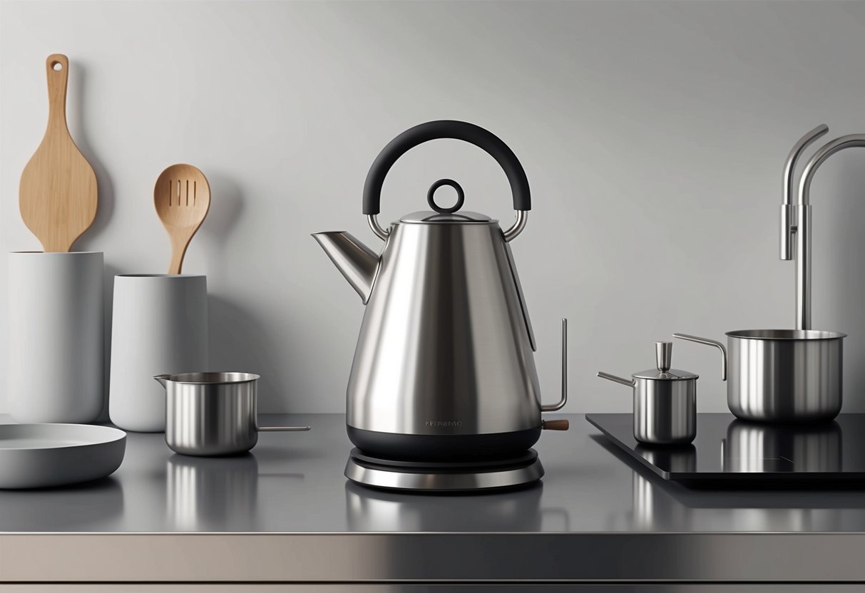 En modern vattenkokare i rostfritt stål står på en stilren bänkskiva, omgiven av minimalistiska köksaccessoarer.