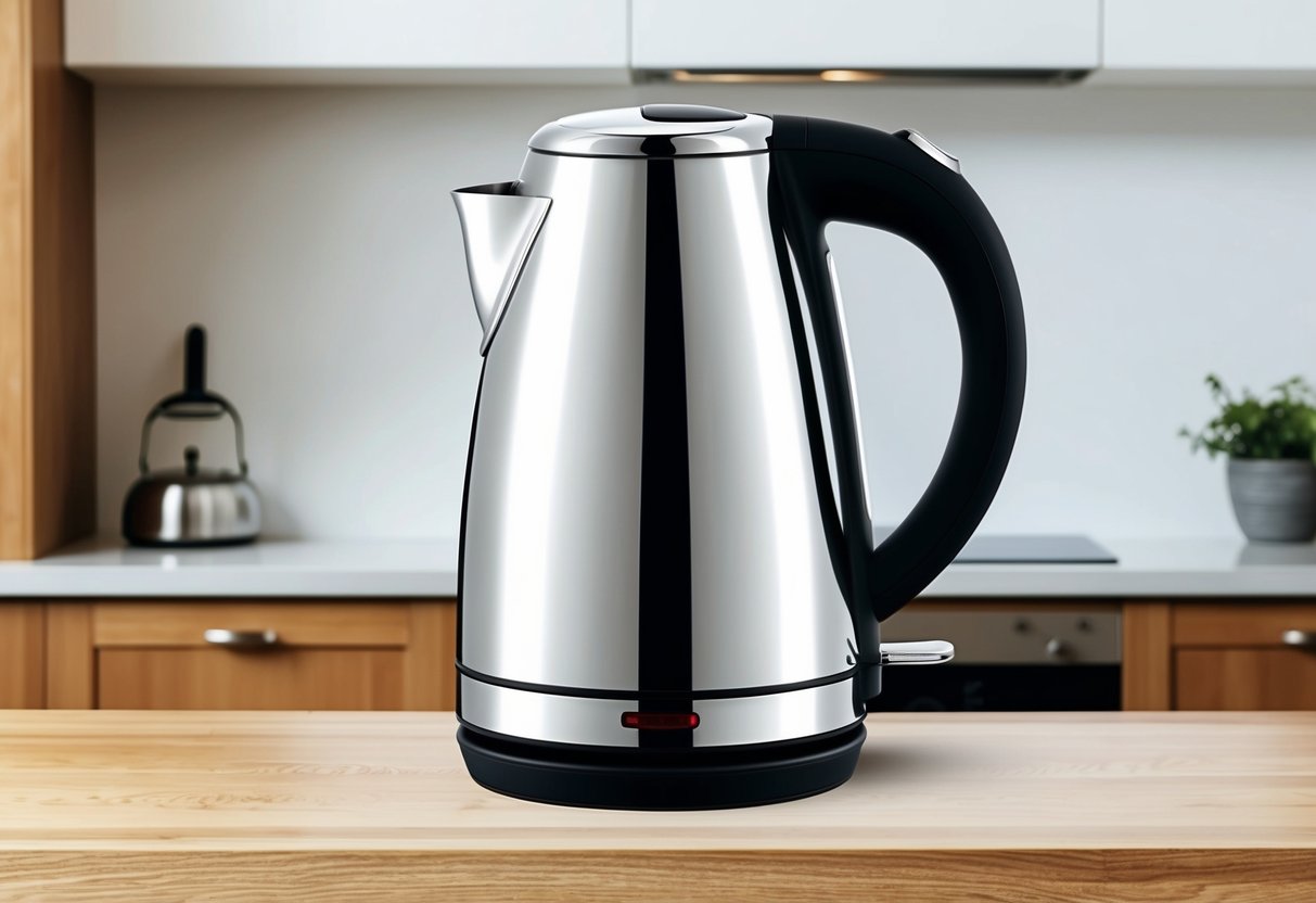 En modern elektrisk vattenkokare med en elegant design i rostfritt stål som står på en köksbänk