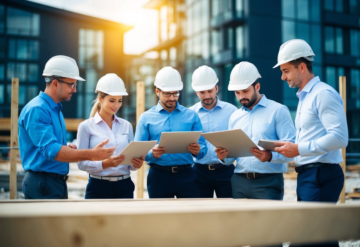 A group of engineers from SY Roofing and Seven Engineering Group discussing plans on a construction site