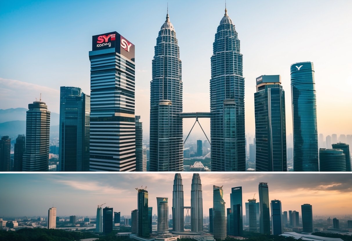 A panoramic view of two distinct buildings, one representing SY Roofing and the other Seven Engineering Group, set against the backdrop of the Malaysian skyline