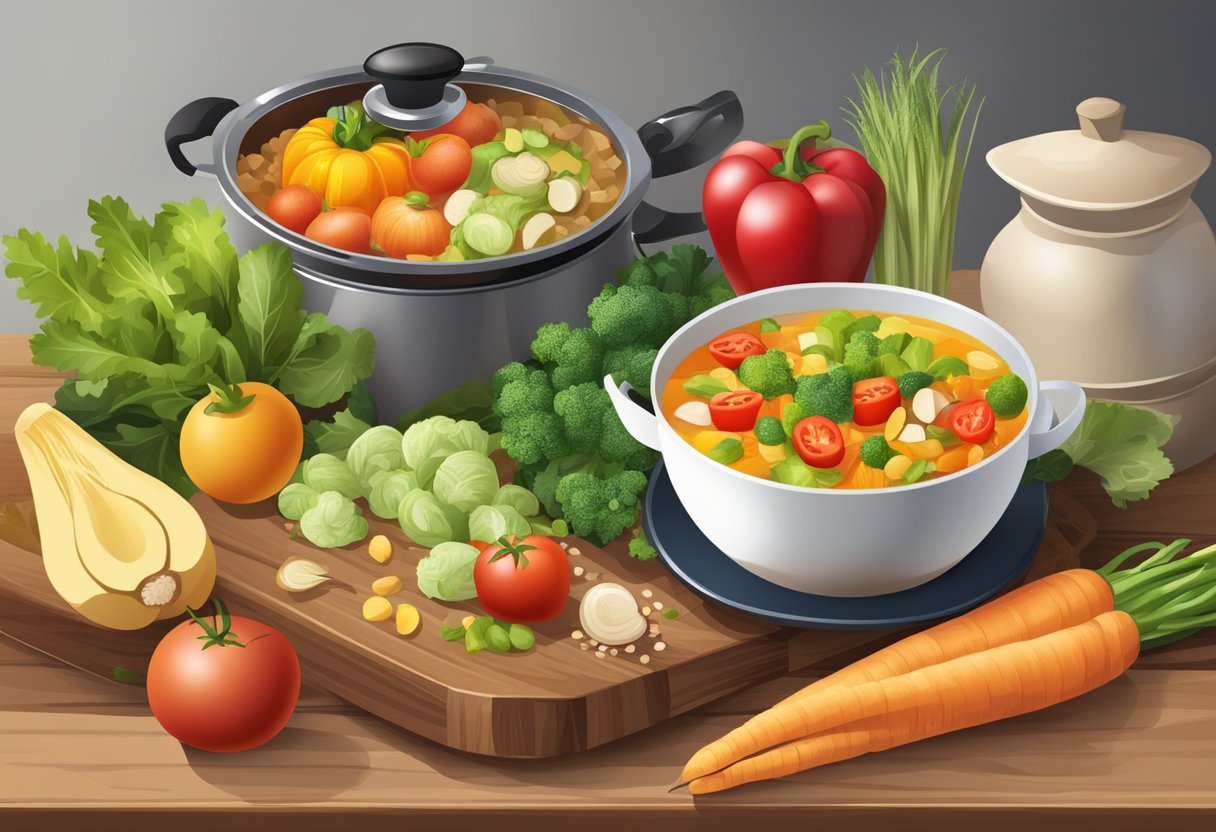 Fresh vegetables, fruits, and grains displayed on a wooden cutting board. A pot of soup simmers on the stove. A colorful salad in a bowl