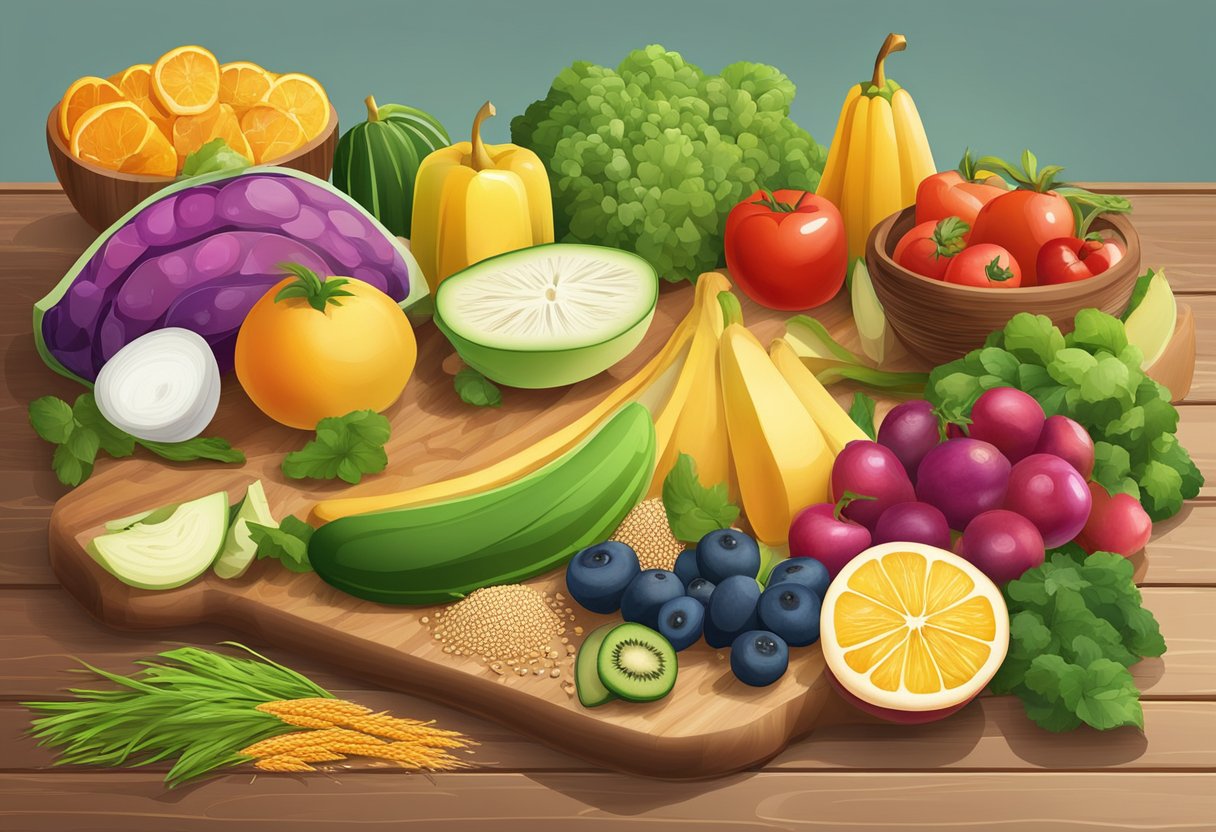 A colorful array of fresh fruits, vegetables, grains, and lean proteins arranged on a wooden cutting board