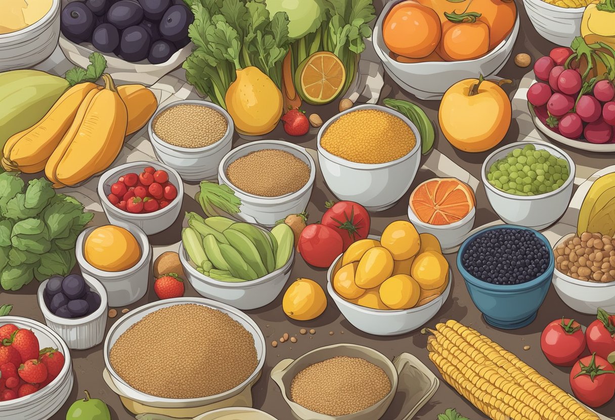 A colorful array of fresh fruits, vegetables, and whole grains spread out on a kitchen counter, surrounded by recipe books and a measuring scale