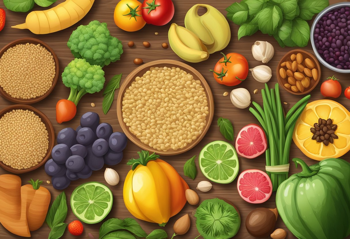 A colorful array of fresh fruits, vegetables, grains, and legumes arranged on a wooden cutting board, surrounded by cooking utensils and spices