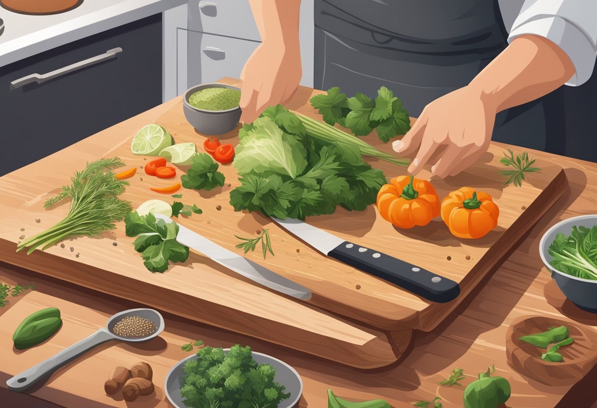 A chef expertly chops vegetables on a wooden cutting board, while a pot simmers on the stove. Fresh herbs and spices are neatly organized nearby