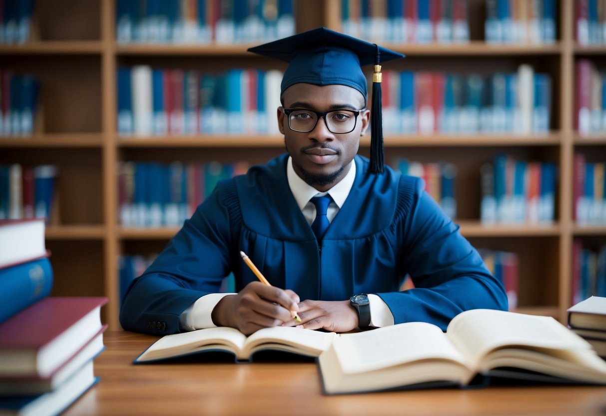 A graduate student studying with a scholarship in a university library