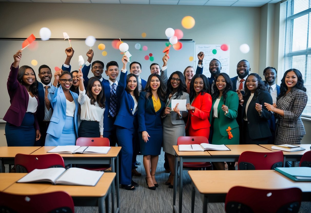 A diverse group of graduate students celebrate their scholarship in a university classroom