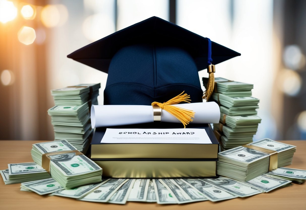 A graduation cap and diploma surrounded by stacks of money and a scholarship award letter