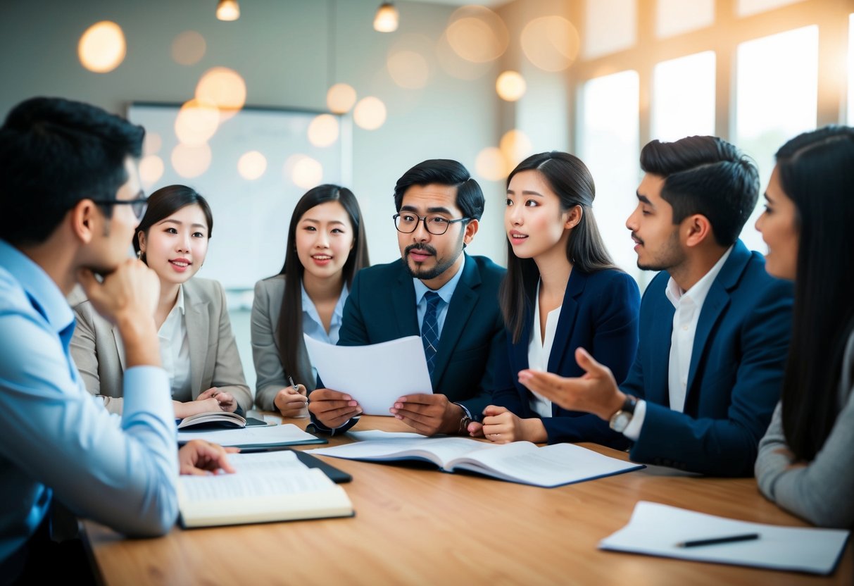 A group of students eagerly listening to a professor explaining the details of a masters program with a scholarship