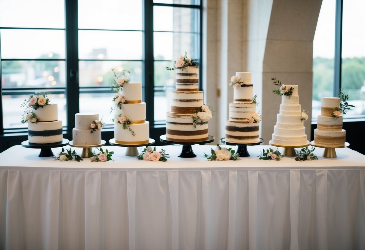 A table displaying 12 unique wedding cake designs, ranging from traditional tiered cakes to modern, minimalist styles, adorned with delicate flowers and intricate icing details