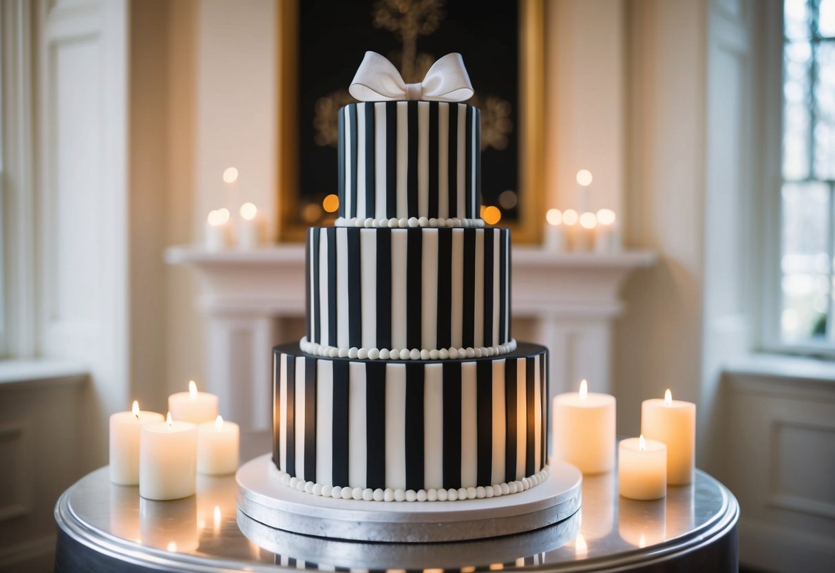 A tall, elegant black and white striped cake adorned with a delicate sugar bow sits on a silver pedestal, surrounded by soft candlelight