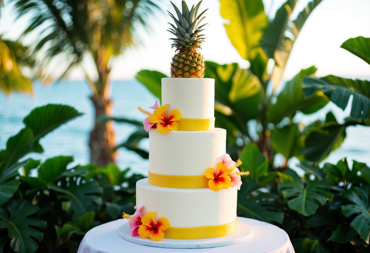 A three-tiered wedding cake adorned with fresh pineapples and hibiscus flowers, set against a backdrop of lush tropical foliage