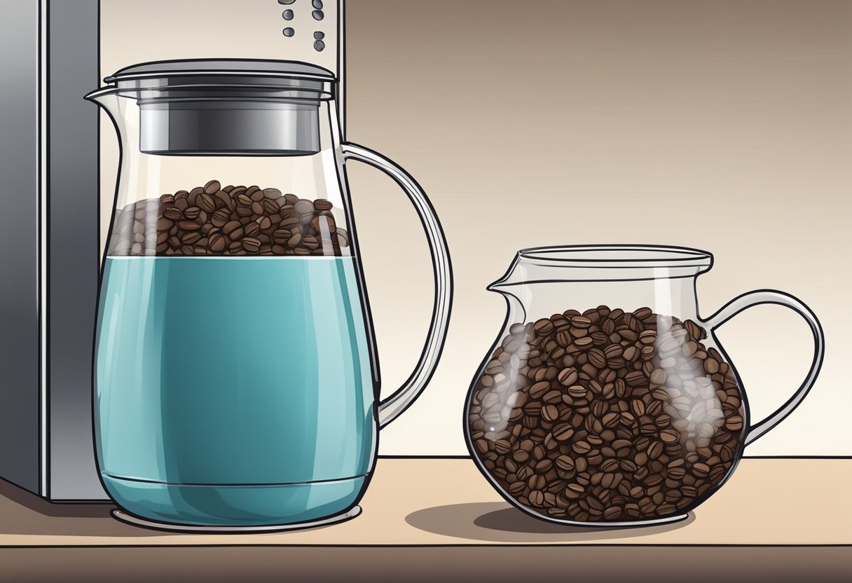 A glass pitcher filled with water and coarsely ground coffee beans steeping in a refrigerator for 12-24 hours