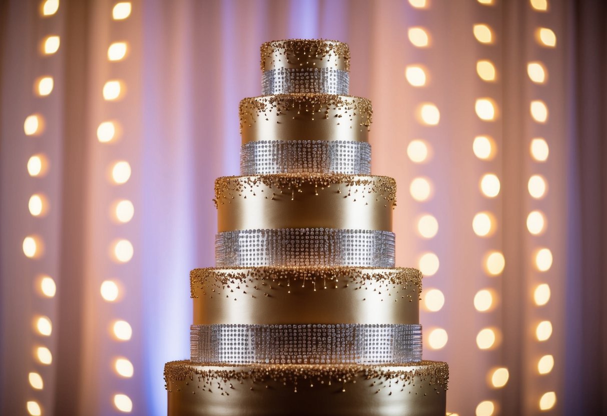 A towering metallic wedding cake adorned with gold and silver layers, shimmering under the soft glow of warm lighting