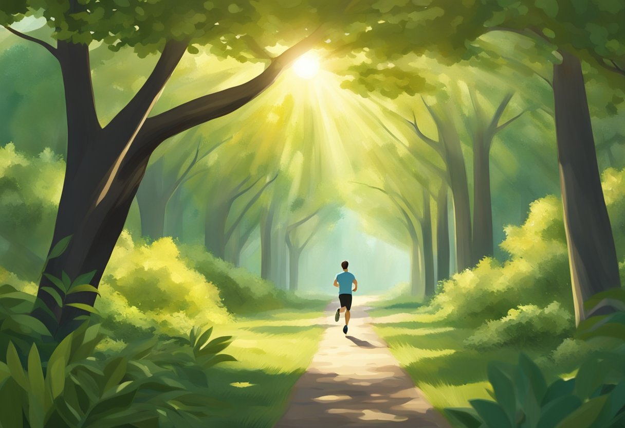 Uma pessoa correndo ao longo de um caminho tranquilo, ladeado por árvores, com a luz do sol filtrando pelas folhas, cercada por um ambiente natural sereno.