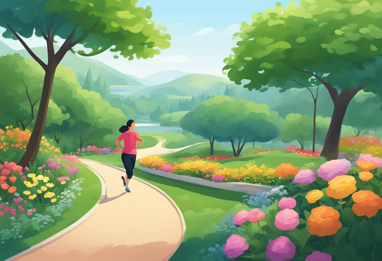 Um parque sereno com um caminho sinuoso, cercado por uma vegetação exuberante e flores coloridas. Uma figura é vista correndo ao longo do caminho, com uma expressão pacífica no rosto.