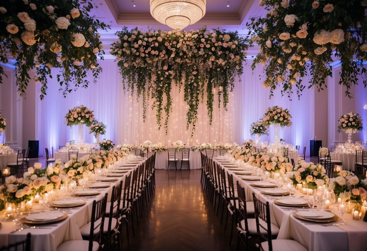 A grand ballroom adorned with cascading floral arrangements, twinkling string lights, elegant table settings, and a breathtaking backdrop for a wedding celebration