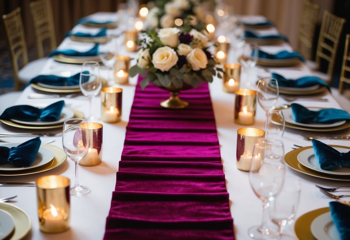 A table adorned with luxurious velvet runners in various colors, complemented by elegant centerpieces and twinkling candlelight