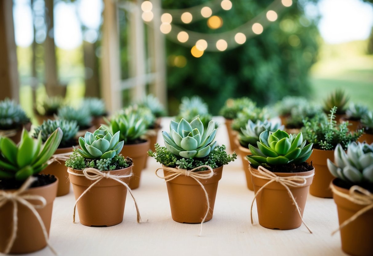 A table adorned with 15 succulent favor pots, each delicately arranged with greenery and tied with rustic twine