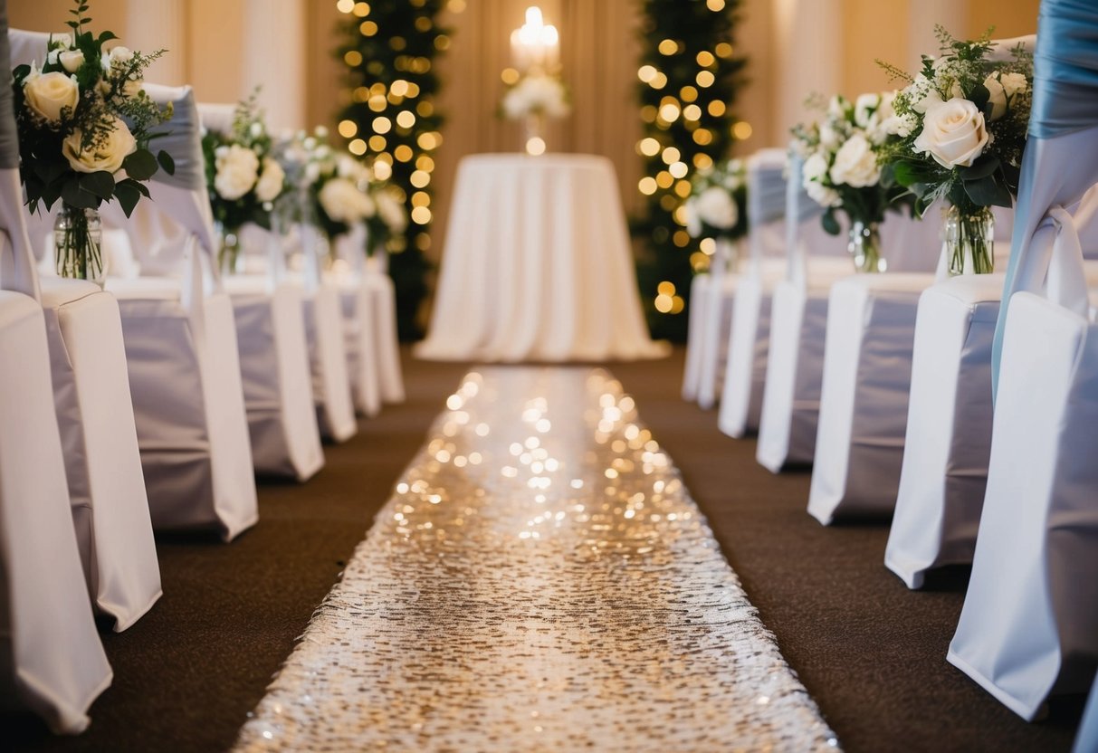 Sparkling sequin aisle runners adorn a wedding ceremony, reflecting light and adding glamour to the elegant setting