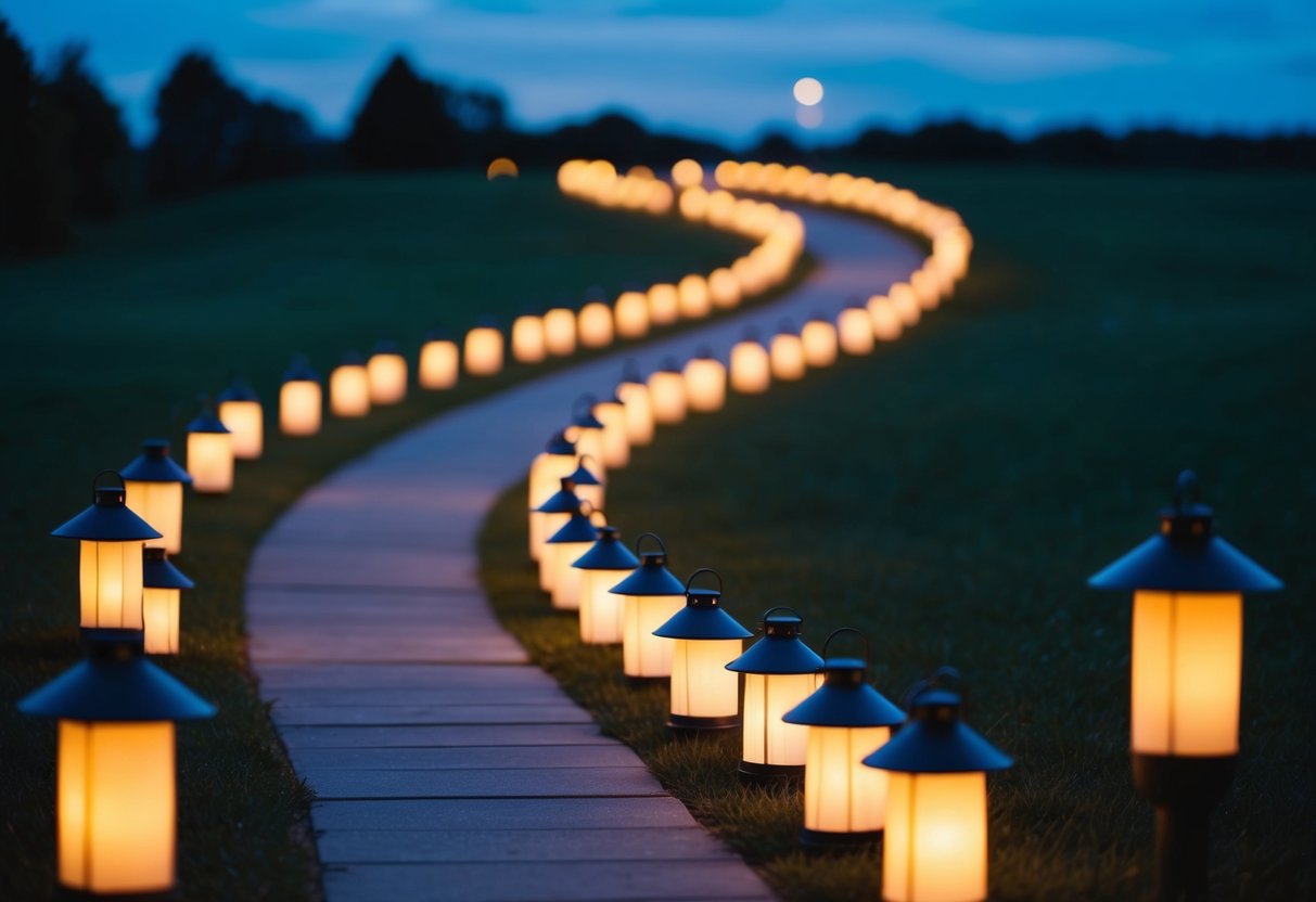 A winding pathway lined with glowing lanterns, casting a warm and romantic glow for a wedding celebration