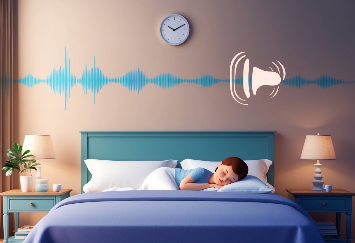 Une chambre paisible avec une figure endormie et une onde sonore de ronflement au-dessus