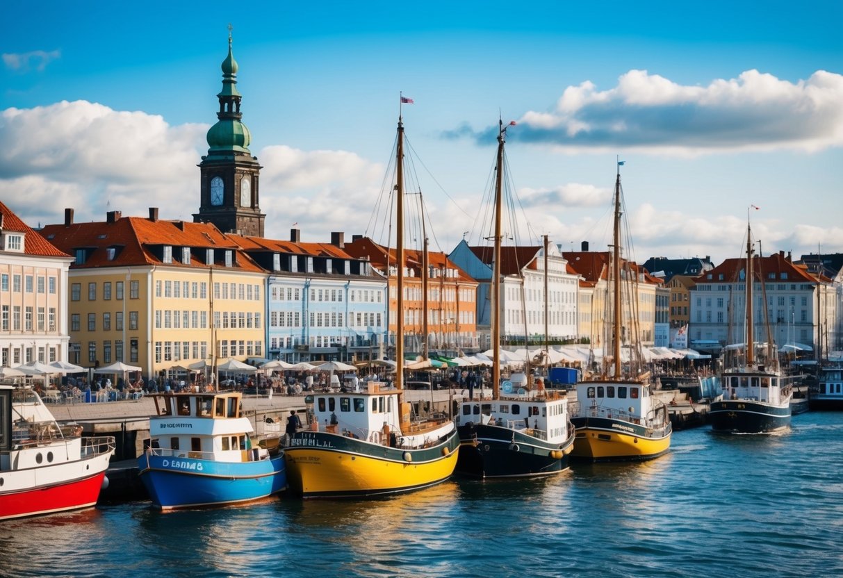 Um porto movimentado com barcos coloridos e edifícios históricos, mostrando a importância cultural e econômica da segunda maior cidade da Dinamarca.