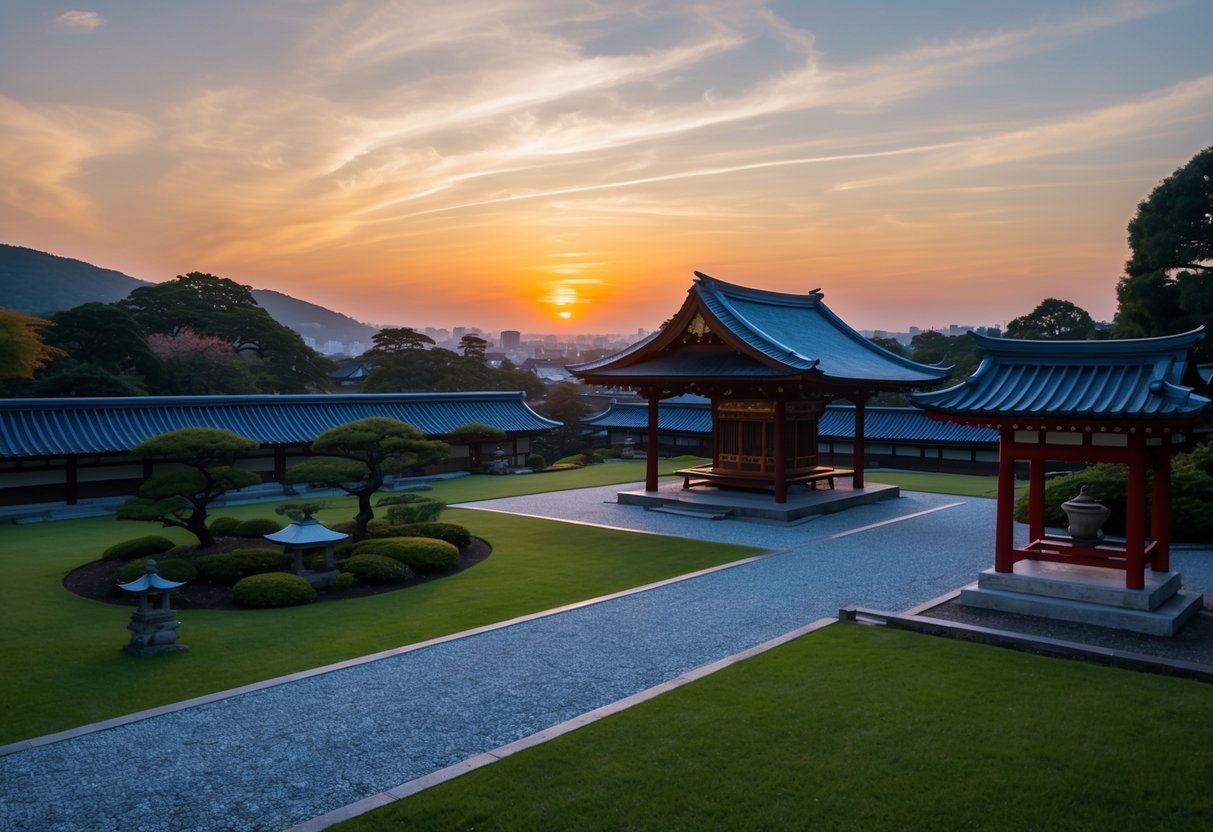 Uma cena japonesa tradicional com um jardim sereno e um pôr do sol pacífico, com um pequeno santuário ao fundo