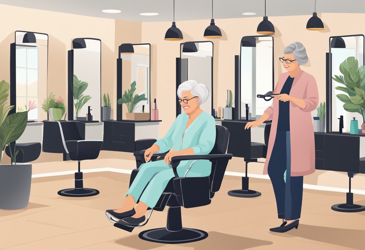 A senior woman sitting in a salon chair, smiling as a stylist gives her a stylish and easy-to-maintain haircut