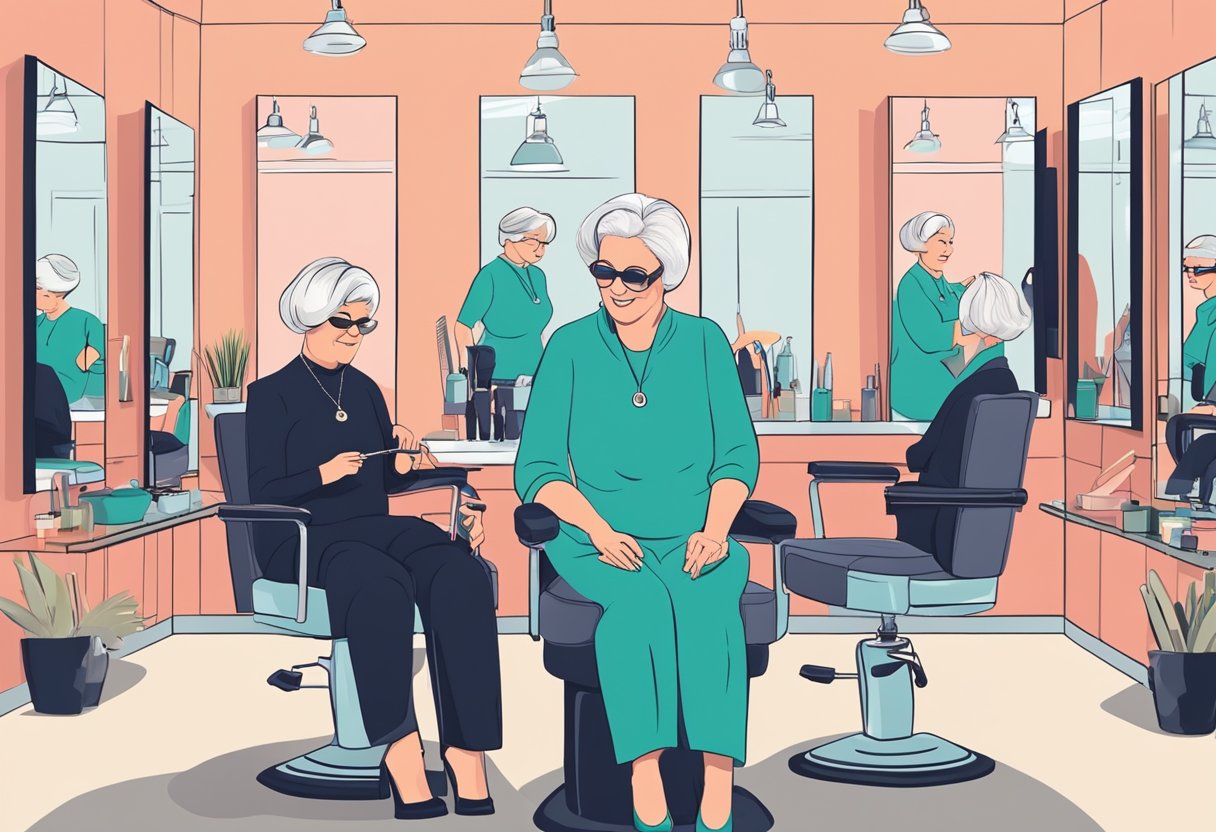 A senior woman sits in a salon chair, surrounded by mirrors and hair styling tools. The hairstylist carefully trims and styles her hair into a modern, flattering cut