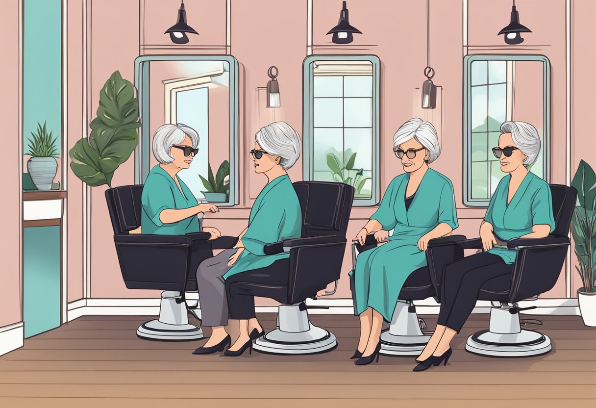 Three female seniors sit in salon chairs, each receiving a customized haircut. The stylist carefully trims and styles their hair, creating flattering and age-appropriate looks