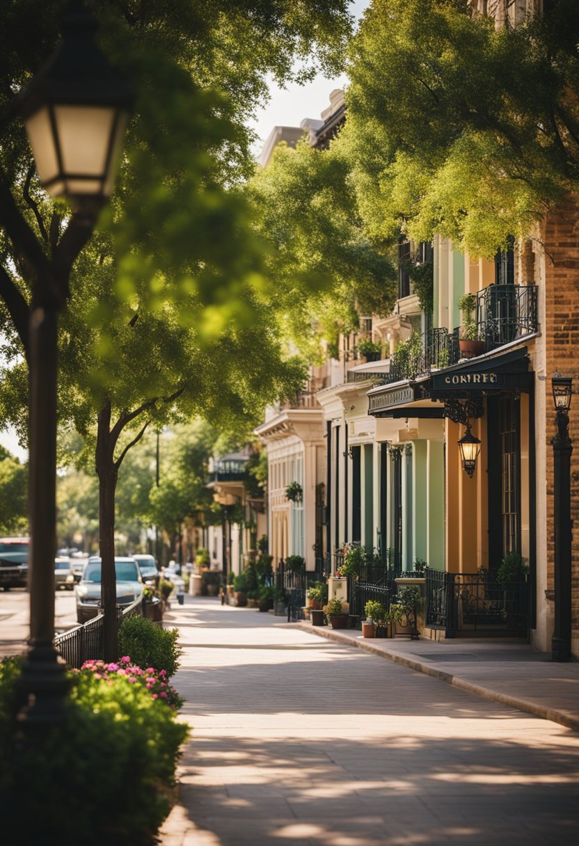 A charming street lined with colorful historic inns and hotels in Waco, Texas, with lush trees and a vibrant atmosphere