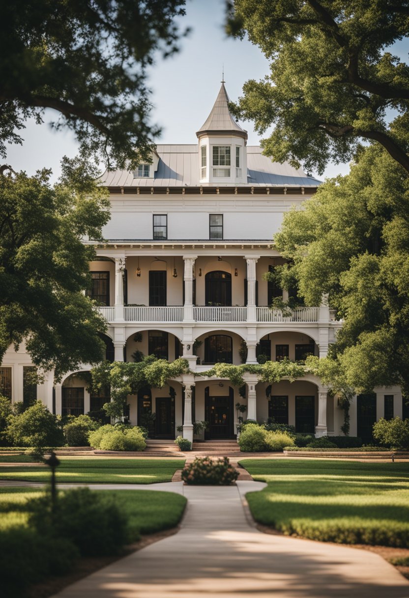 A picturesque view of Waco, Texas with charming inns and hotels nestled among lush greenery and historic architecture