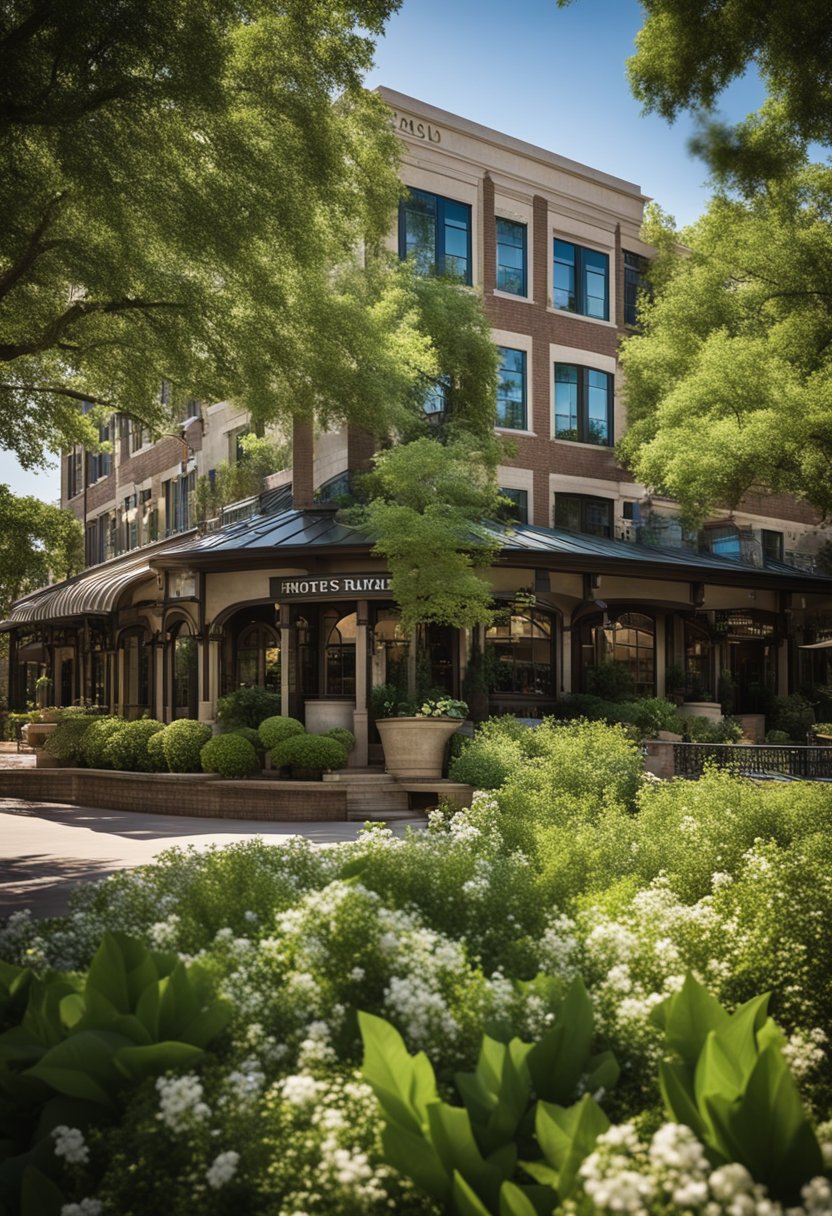 A picturesque landscape featuring the top 10 inns and hotels in Waco, Texas, nestled among lush greenery and surrounded by a serene atmosphere