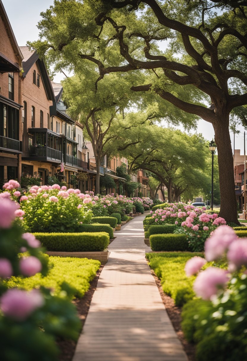 A sunny day in Waco, Texas, with a row of charming inns and hotels nestled among lush greenery and blooming flowers