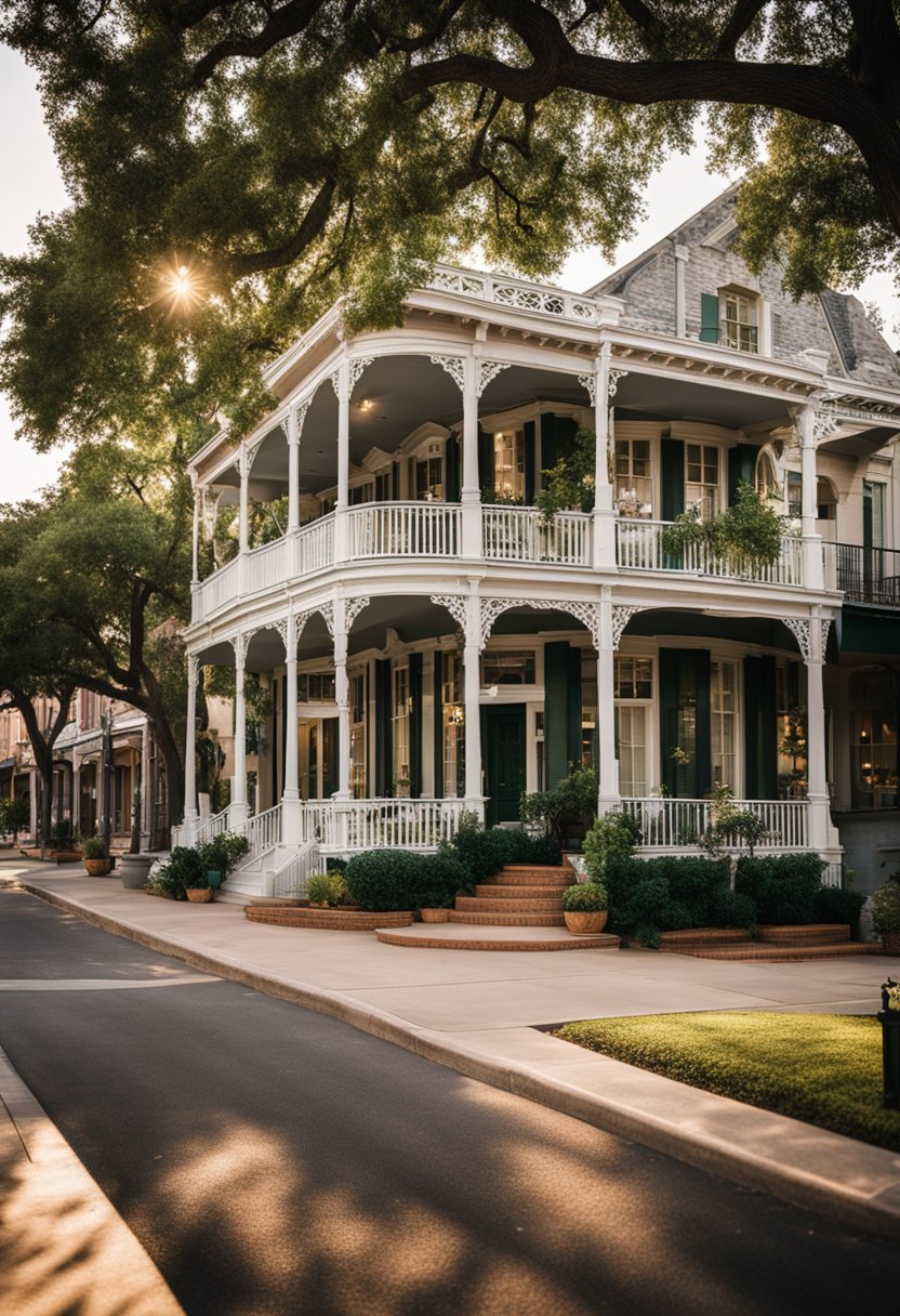 A picturesque street in Waco, Texas lined with charming inns and hotels, each with unique architecture and inviting storefronts