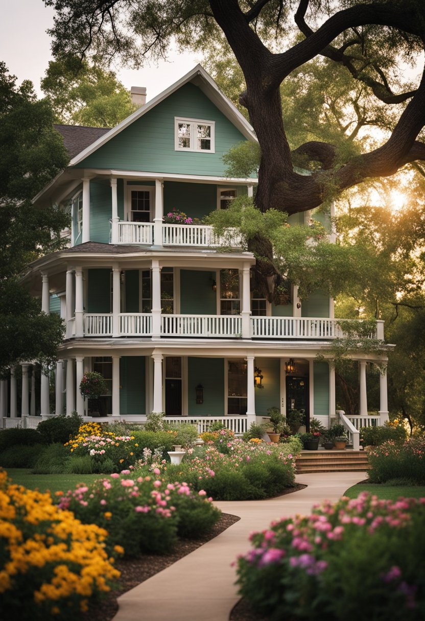 A cozy bed and breakfast nestled among towering trees near Cameron Park in Waco, Texas. A charming building with a welcoming front porch and colorful flowers lining the pathway