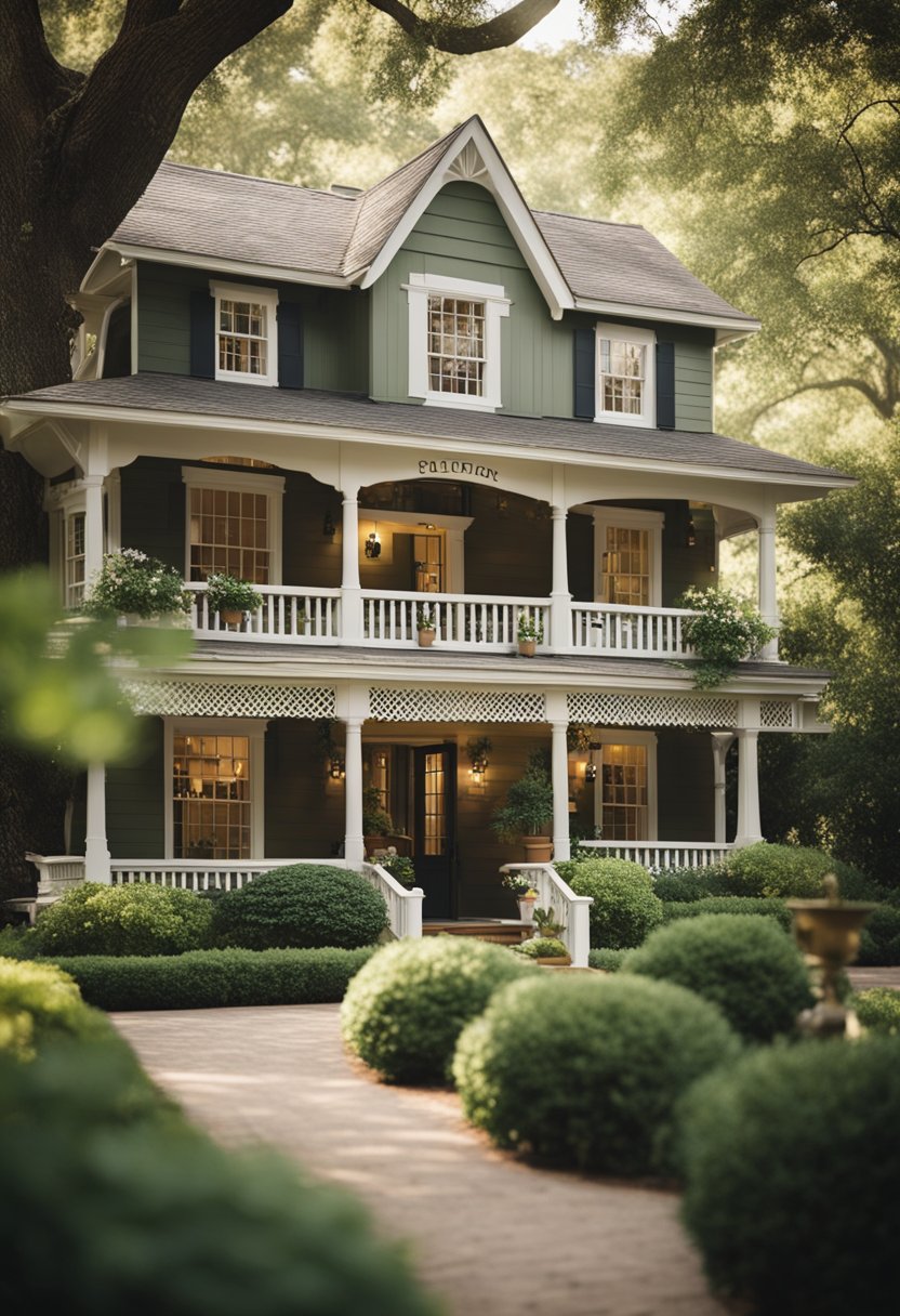 A cozy bed and breakfast nestled among towering oak trees, with a charming porch and welcoming sign, surrounded by lush gardens and a tranquil atmosphere