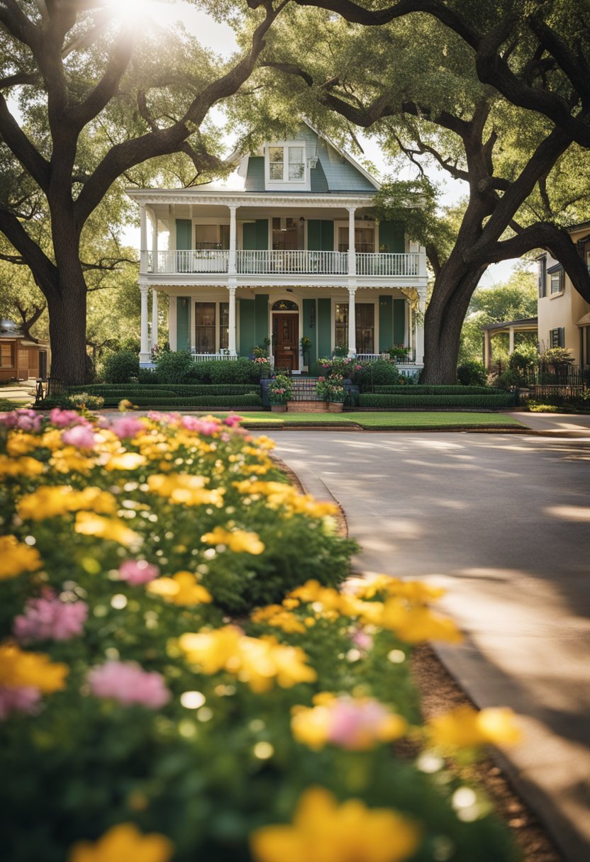 A sunny, tree-lined street in Waco, Texas, with charming bed and breakfasts nestled among the greenery, each with a welcoming front porch and colorful flower gardens