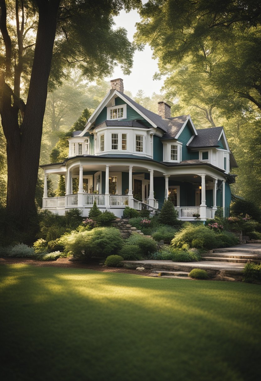 A charming bed and breakfast nestled among towering trees, with a cozy porch and welcoming front entrance