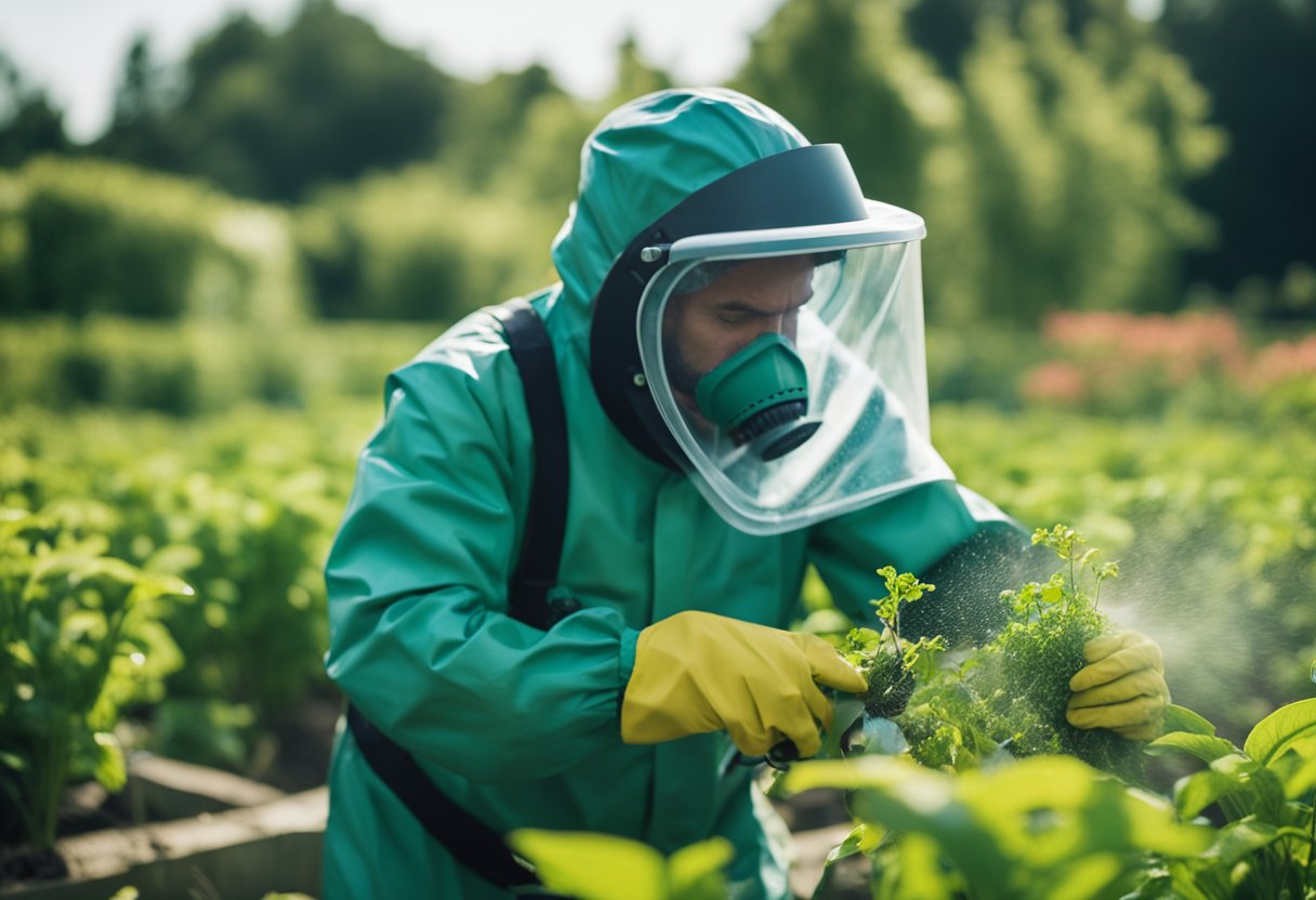 En hage med ulike planter og avlinger infestert med insekter og skadedyr. En person i beskyttelsesklær sprayer pesticider for å kontrollere infestasjonen.