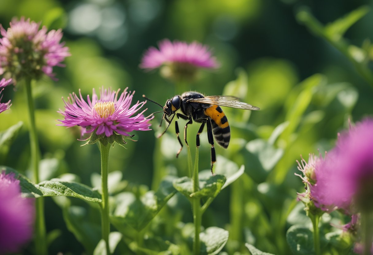 En fredelig hage med naturlige metoder for skadedyrkontroll i aksjon, som følgeskapsplanting og habitater for nyttige insekter