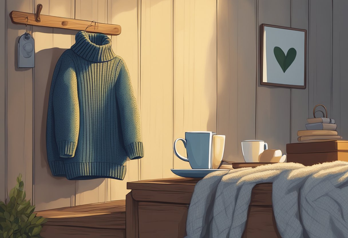 A cozy turtleneck sweater dress hangs on a rustic wooden hanger, surrounded by soft blankets and a hot cup of tea on a side table