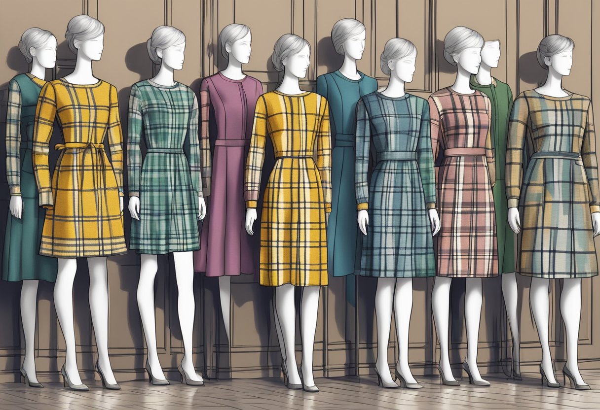 A row of mannequins wearing plaid pattern long sleeve sweater dresses