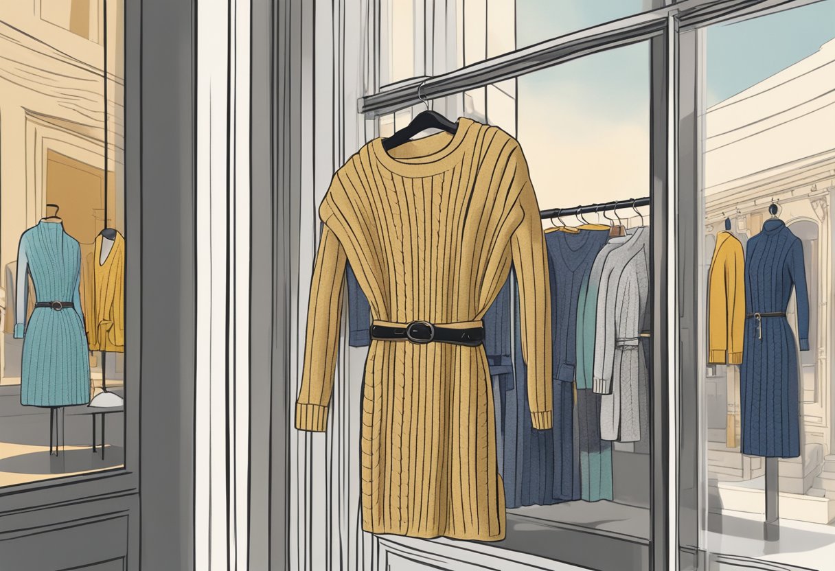 A cozy cable knit belted sweater dress displayed on a mannequin in a boutique window